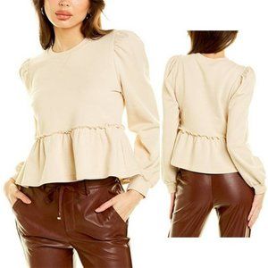 Cami NYC Lyra Peplum Puffed Sleeve Crewneck Sweatshirt Bone Size: XXS NWT